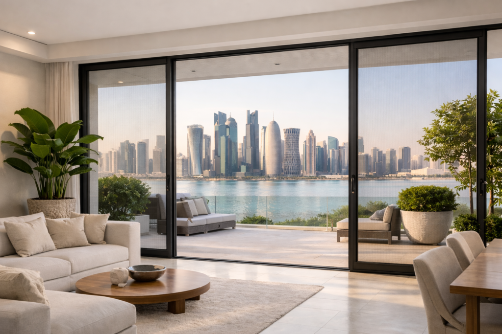 Modern home in Qatar with insect screens installed on windows and balcony doors