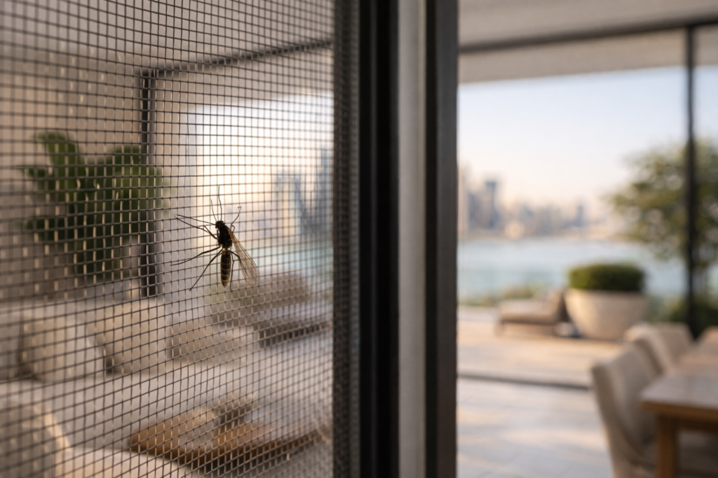 Mosquito blocked by insect screen on an open window in Qatar