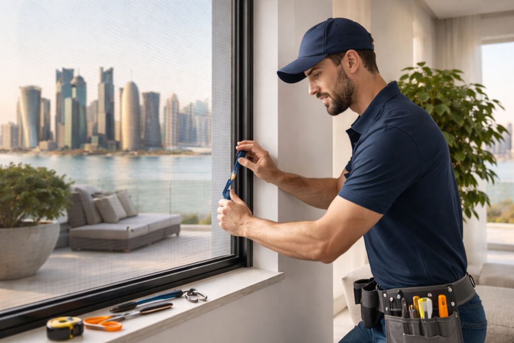 Professional installing an insect screen on a window in a Qatar apartment