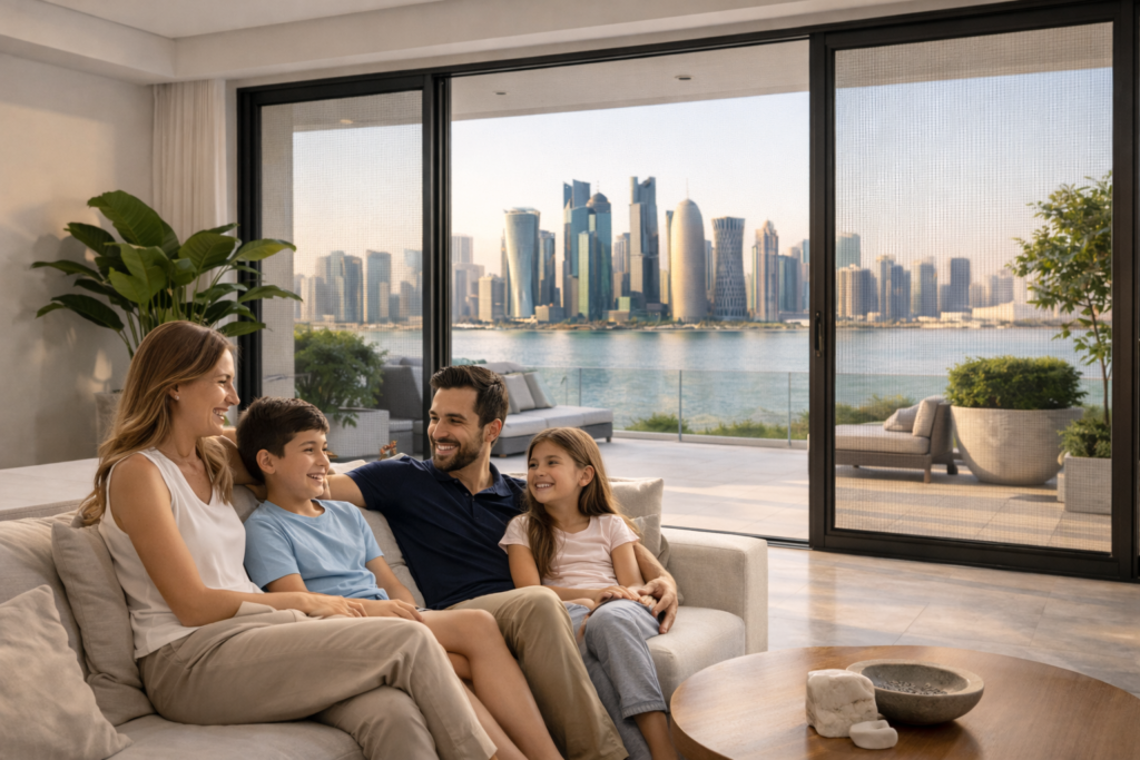 Family enjoying fresh air at home in Qatar with insect screens installed